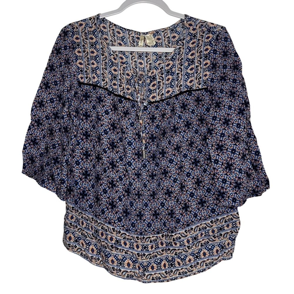 Japna Blue Paisley Geometric Boho Peasant Blouse 3/4 Bell Sleeve Tie Neck Medium